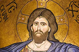 Close-up of Monreale Cathedral with prominent Christ Pantocrator mosaic in the apse