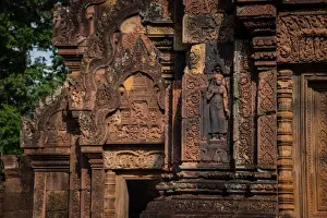 Popular Prints: Closeup of the details of Banteay Srei the pink temple of ancient Khmer