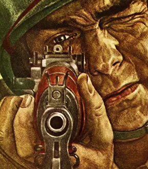 Face Gallery: Closeup of a Soldier Looking Through the Sight of a Rifle