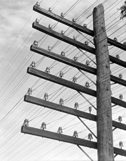 Closeup Of Telephone Pole With 6 Levels Of Wires