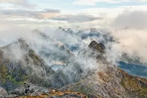 Images Dated 23rd September 2015: Clouds between the peaks of the Lofoten, Norway
