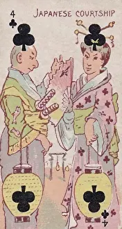 Four of Clubs, Japanese Courtship, Vintage Harlequin Playing Card, Kinney Tobacco, 1888