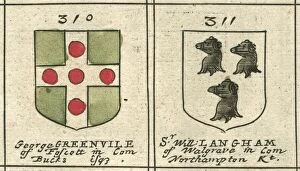 Images Dated 28th February 2013: Coat of arms copperplate 17th century Greenville and Langham