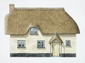 Cob cottage with overhanging thatch roof, front view