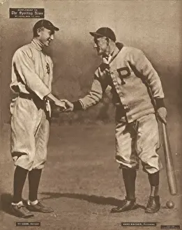 Prints of Sporting News illustration shows American baseball players Ty Cobb (1886 - 1961) (left), of the Detroit Tigers, and Honus Wagner (1874 - 1955), of the Pittsburgh Pirates, as they shake hands MLB Legends Art Prints: Top 10 Greatest Baseball Players of All Time: Cobb & Wagner Shake Hands