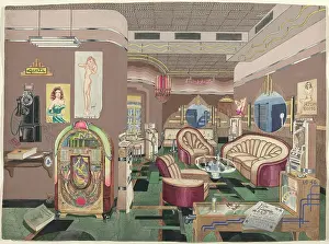 Prints of Cocktail Lounge, 1946, 1935/1942. Artist Perkins Harnly. (Photo by Heritage Art/Heritage Images via Getty Images) Enchanted Interiors of Perkins Harnly: Cocktail Lounge