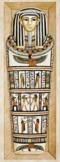 Coffin containing mummy decorated with hieroglyphs