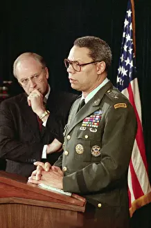Prints of (Original Caption). Washington: As Defense Secretary Dick Cheney () watches, Gen. Colin Powell, Chairman of the Joint Chiefs of Staff, discusses the U.S Cheney Uncovered: Political Portraits: Colin Powell Discussing Military Action