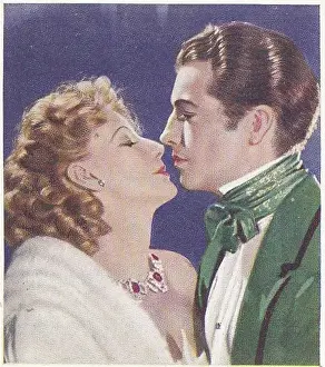 Prints of Collectible tobacco or cigarette card, Famous Love Scenes series, published in 1939 by Godfrey Phillips Ltd Timeless Elegance: The Iconic Greta Garbo Collection: Collectible cigarette card, Famous Love Scenes series, 1939