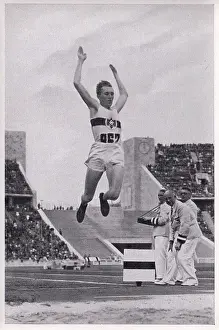 Prints of Collectible German tobacco or cigarette card, from the series Olympia 1936 Picture Group 2, published by Cigaretten Bilderdienst, the Cigarettes Picture Service Jesse Owens Prints: Collectible vintage German cigarette card, 1936 Berlin Olympics