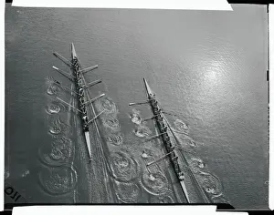 Racing Shell Prints: College Rowing Teams Competing on Calm Water