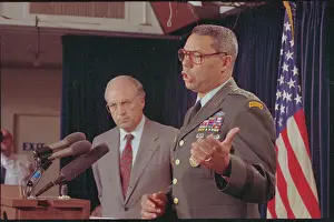 Prints of (Original Caption). Washington: Chairman of the Joint Chiefs Colonel Powell (right) and Secretary of Defense Dick Cheney brief reporters the current crisis in the Middle East at the Pentagon Cheney Uncovered: Political Portraits: Colonel Powell with Dick Cheney