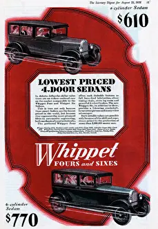 Sedan Prints: Color Advertisement for Whippet Cars with Full Cars