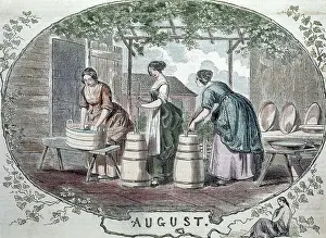 Color Print Prints: Color Engraving of Churning Butter On The Porch