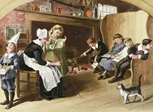 Teacher Prints: Color Engraving of A New England Dame School