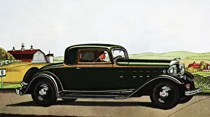 Rural Road Prints: Color Illustration of Man Driving Lincoln Coupe V-8