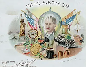 Record Player Prints: Color Lithograph Showing Inventions of Thomas Edison