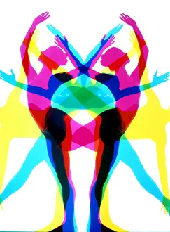 Prints of NEW YORK - 1976: An artistic, brightly-colored, pre-Photoshop montage (created in the darkroom by layering negatives together) of a woman dancing in 1976 in New York City, New York The Enchanting Evolution of Ballet: Color Photo Montage of Ballet Dancer in 1976