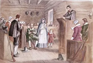 Pilgrim Prints: Color Print Depicting Public Worship at Plymouth by the Pilgrims