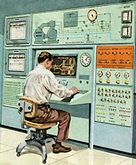 Science And Technology Gallery: Colored art of a man seated at an old fashioned computer