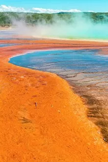 Detail Gallery: Colored mineral deposits at the edge of the steaming hot spring, detail view, Grand Prismatic Spring