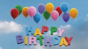 Medium Group Of Objects Prints: Colorful balloons with lettering Happy Birthday against blue sky with clouds, illustration