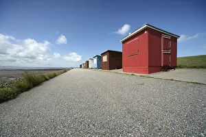 Images Dated 10th August 2012: Colorful beach huts on the dike at the North Sea, Dagebuell, North Frisia, Schleswig-Holstein
