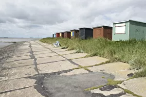 Colorful beach huts on the dike at the North Sea, Dagebuell, North Frisia, Schleswig-Holstein, Germany, Europe