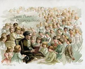 Colorful Illustration of Louisa Mae Alcott Reading to Children