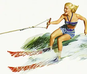 Ilust Prints: Colorful sketch of woman waterskiing