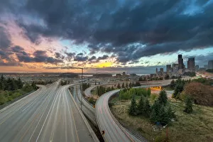 Multiple Lane Highway Gallery: Colorful Sunset Over Seattle Freeways