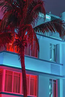 Art Deco Prints: The colorful waterfront of the famous Ocean Drive in Miami Beach at night