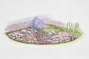 Flowerbed Prints: Colourful autumn bulb border, planting plan in top right-hand corner