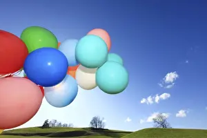 Balloons Prints: Many colourful balloons in a green landscape, Allgaeu, Germany, Europe