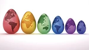 Colourful Easter eggs, painted with different continents, 3D illustration