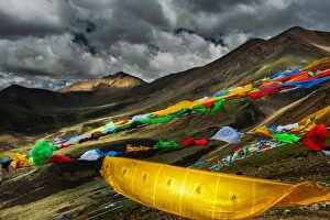 Colourful flag with Tibetan landscape