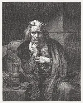 Explorer Prints: Columbus in chains, wood engraving, published c. 1882