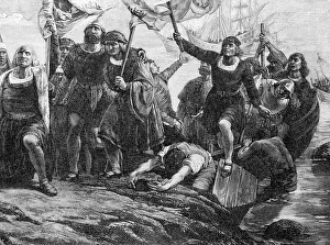 【大判】イアン・ラムジー『Columbia Landing』額入りアートプリント Columbus Landing in America Wood Engraving Print. Art Prints