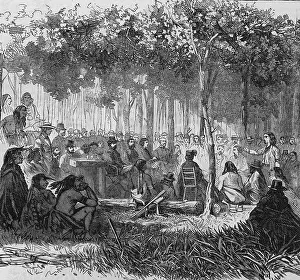 Prints of A group from the North American Comanche indian tribe discusses matters with representatives of the United States government, some of them from the military, 19th Century Urban Echoes of America’s Golden Age: Comanches & Americans Confer