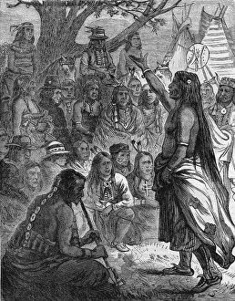 Prints of A chief of the North American Comanche Indian tribe addresses his people as they gather amid trees and teepee tents, 19th Century. (Photo by Frederic Lewis/Getty Images) Urban Echoes of America’s Golden Age: Comanches Discuss Matters