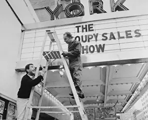 Comedian Soupy Sales Chatting with Worker at York Theater Entrance