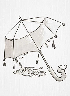 Comic depiction of open umbrella with duck-face handle, and rain drops forming puddle