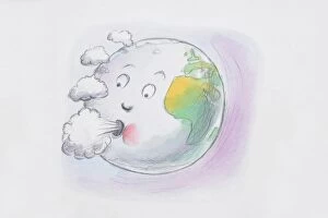 Environmental Issues Collection: Comical depiction of Earth globe with face blowing clouds from mouth