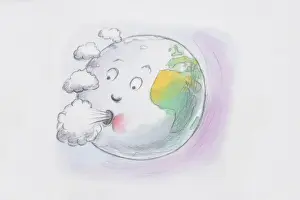 Comical depiction of Earth globe with face blowing clouds from mouth