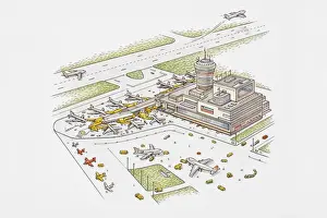 Airport Prints: Commercial airport including terminal building and runway