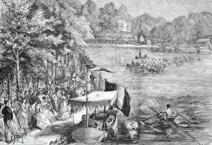 Competition of rowing clubs on the Bois de Boulogne lake in the west of Paris, 1869, France, Historic, digitally restored reproduction of an original 19th century artwork, exact original date unknown