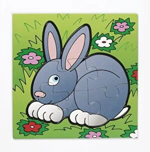 Completed puzzle depicting rabbit in field, close up