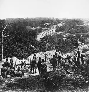 Prints of Confederate entrenchments commanding a view of the viaduct near the Relay House on the Baltimore and Ohio Rail road during the US civil war, circa 1862. (Photo by Archive Photos/Getty Images) Viaduct View Prints: Confederate Entrenchments