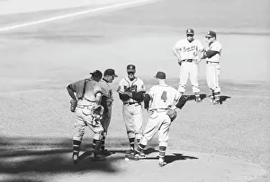 Conference on Pitcher's Mound During 1957 World Series