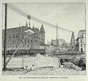 Construction of a bridge arch using the aerial cableway crane lift in Baltimore, Victorian engineering, 1890s, 19th Century